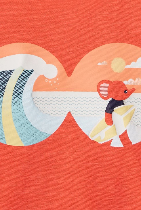 Majica s potiskom slona, ki surfa  oranžna dojenček deček 2