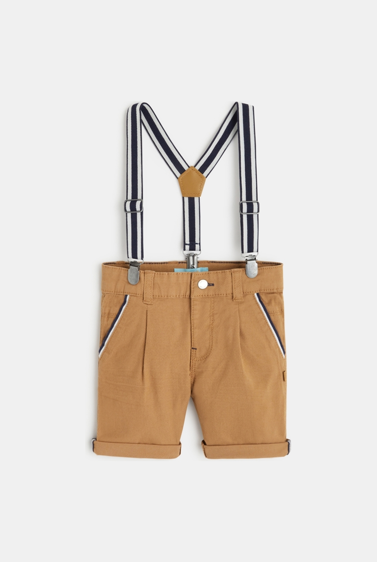 Bermuda à pinces en coton fantaisie et bretelles marron bébé garçon 1
