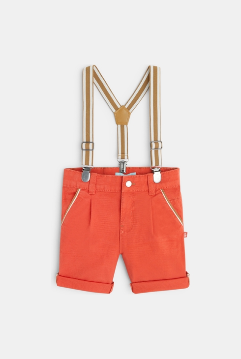 Bermuda à pinces en coton fantaisie et bretelles orange bébé garçon