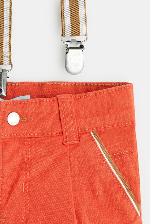 Bermuda à pinces en coton fantaisie et bretelles orange bébé garçon