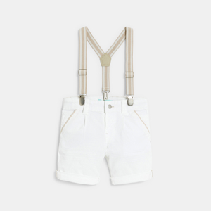 Baby boy's dart-front Bermuda shorts in decorative cotton with white braces. 1