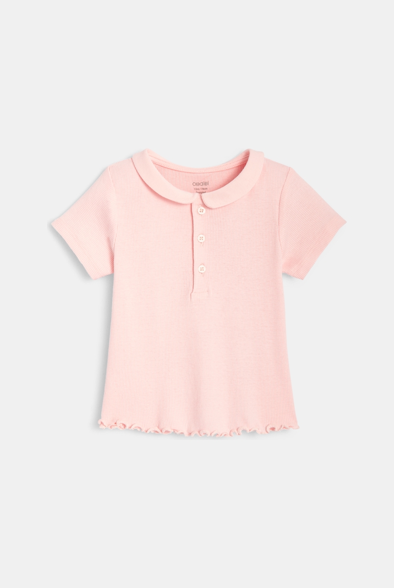 T-shirt polo fines côtes rose bébé fille 1