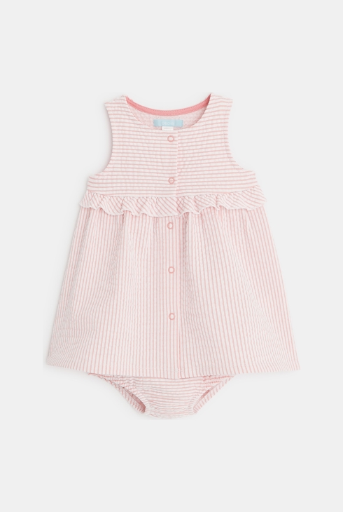 Gestreiftes Kleid aus geprägtem Stoff und Bloomer Rosa Geburt 1