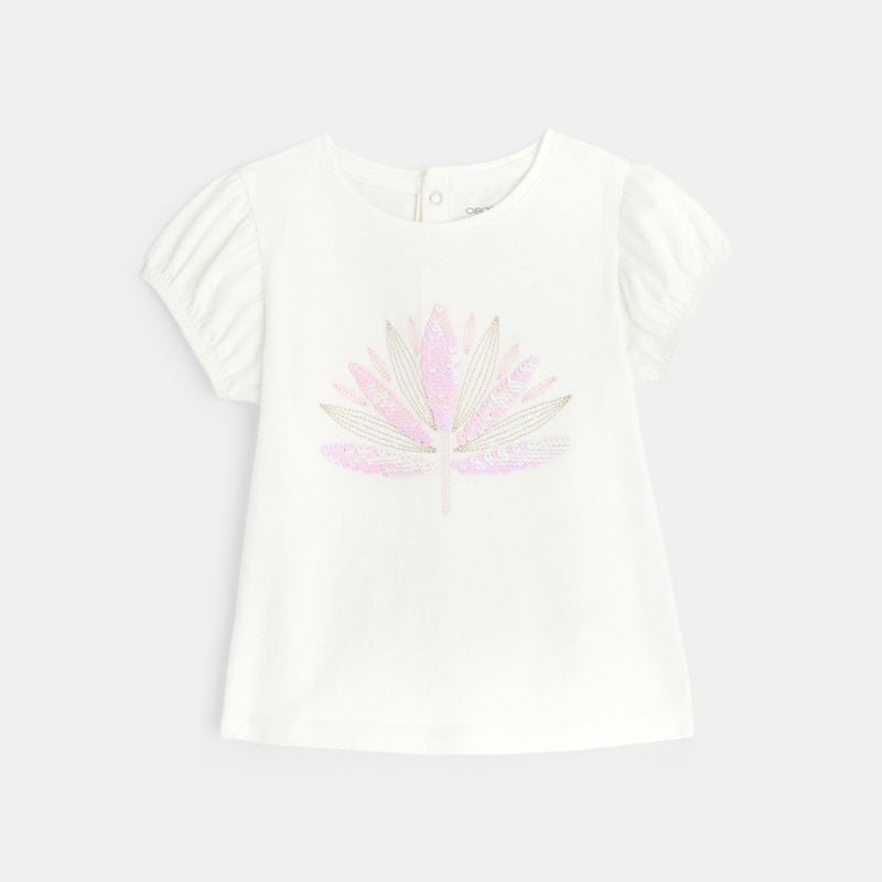 Image sur T-shirt avec broderies et sequins magiques rose bébé fille