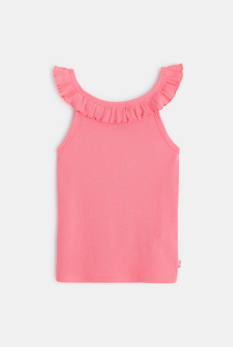 Camiseta de tirantes lisa con cuello de volantes rosa niña 1