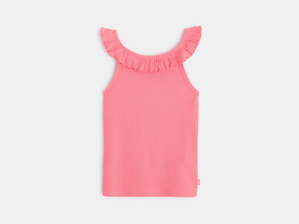 Camiseta de tirantes lisa con cuello de volantes rosa niña 1