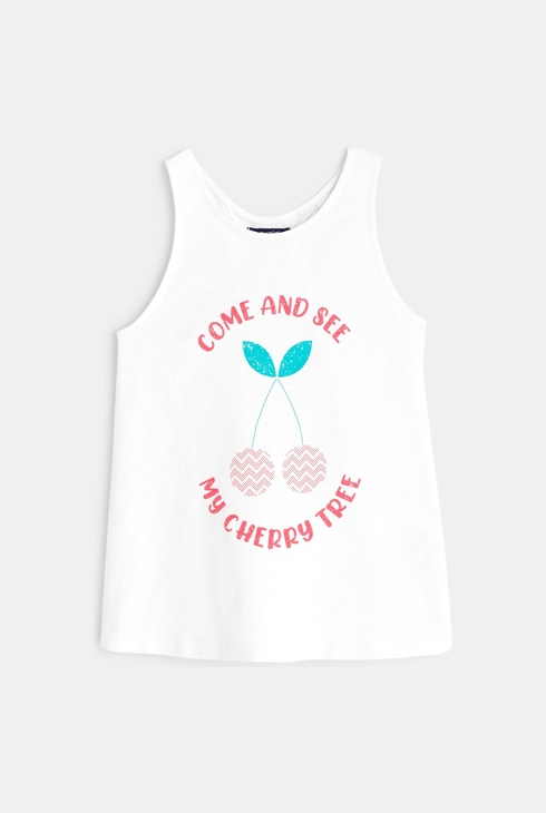 Majica brez rokavov s plavalnim hrbtnim izrezom "Come And See My Cherry Tree" bela deklica 1