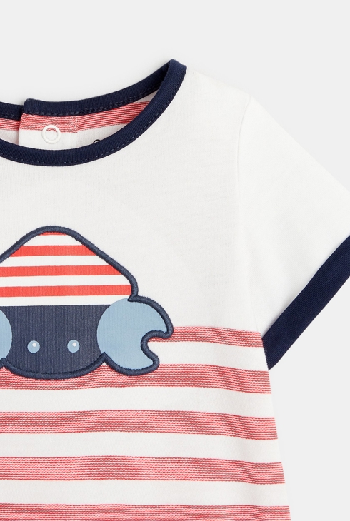 Kratek črtast kombinezon z motivom rakca rdeča dojenček deček 2