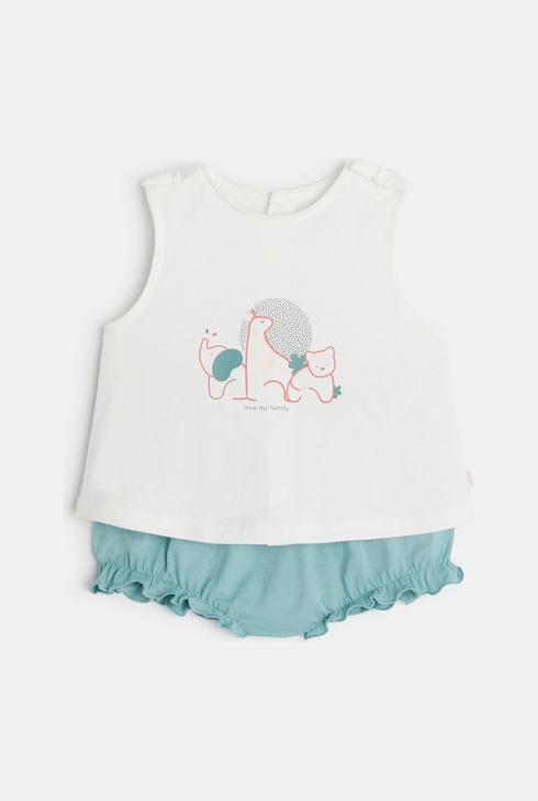 Majica brez rokavov z motivi savane in kratke hlače z volančki bela rojstvo 1
