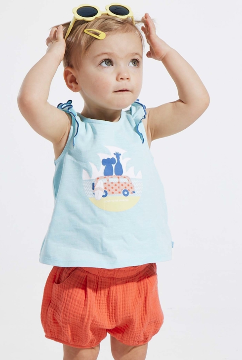 Tanktop mit Rüschenärmeln aus geflammter Baumwolle Blau Baby Mädchen 1