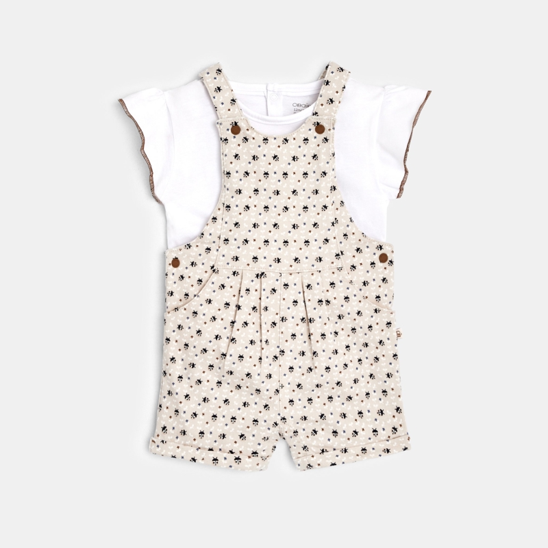 Kurze bedruckte Latzhose und T-Shirt Blau Baby Mädchen