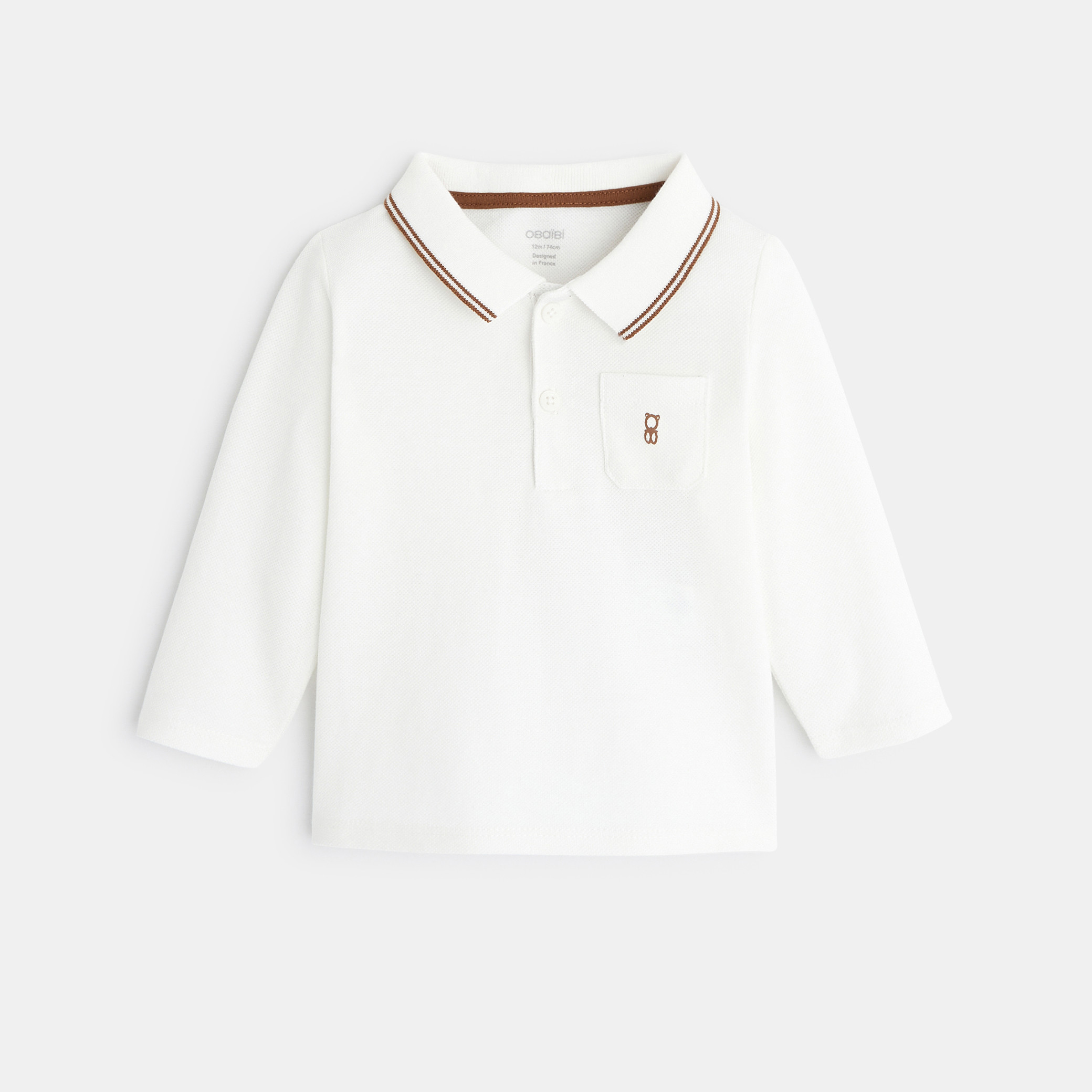 Polo piqué uni manches longues beige bébé garçon - Blanc écru