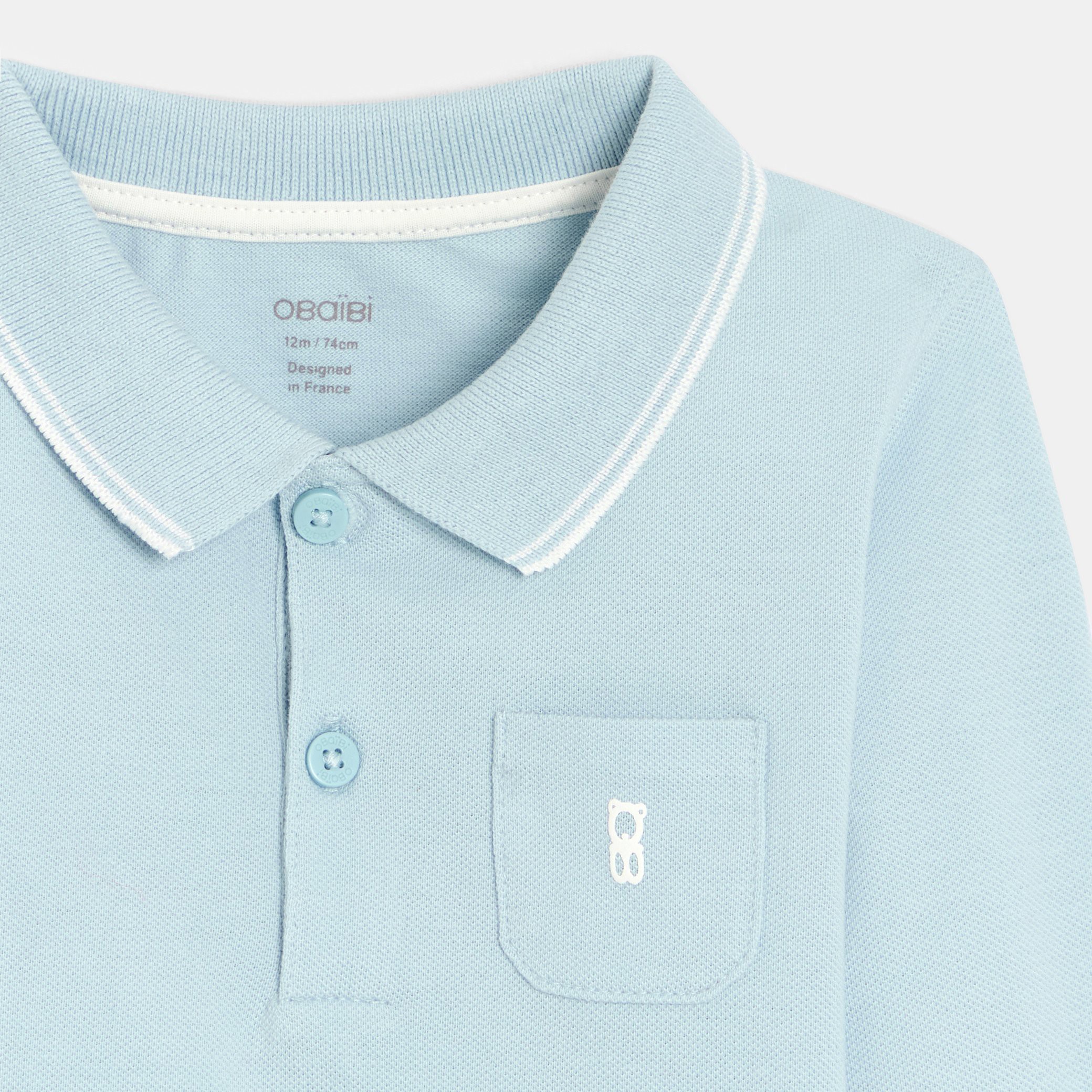 Polo piqué uni manches longues beige bébé garçon - Bleu Clair