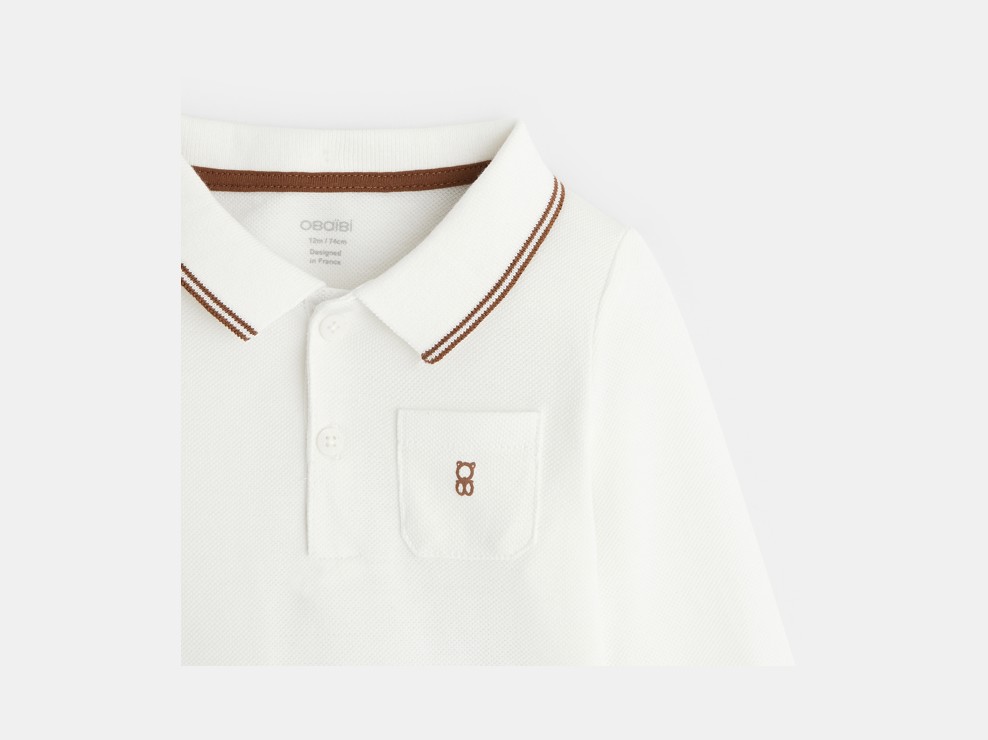 Polo piqué uni manches longues blanc bébé garçon 2