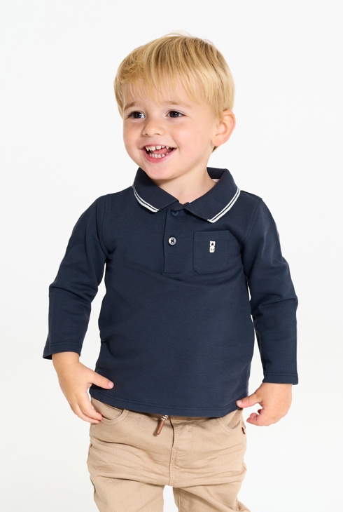 Polo piqué uni manches longues bleu bébé garçon 1