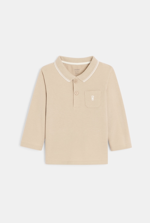 Polo piqué uni manches longues beige bébé garçon 1