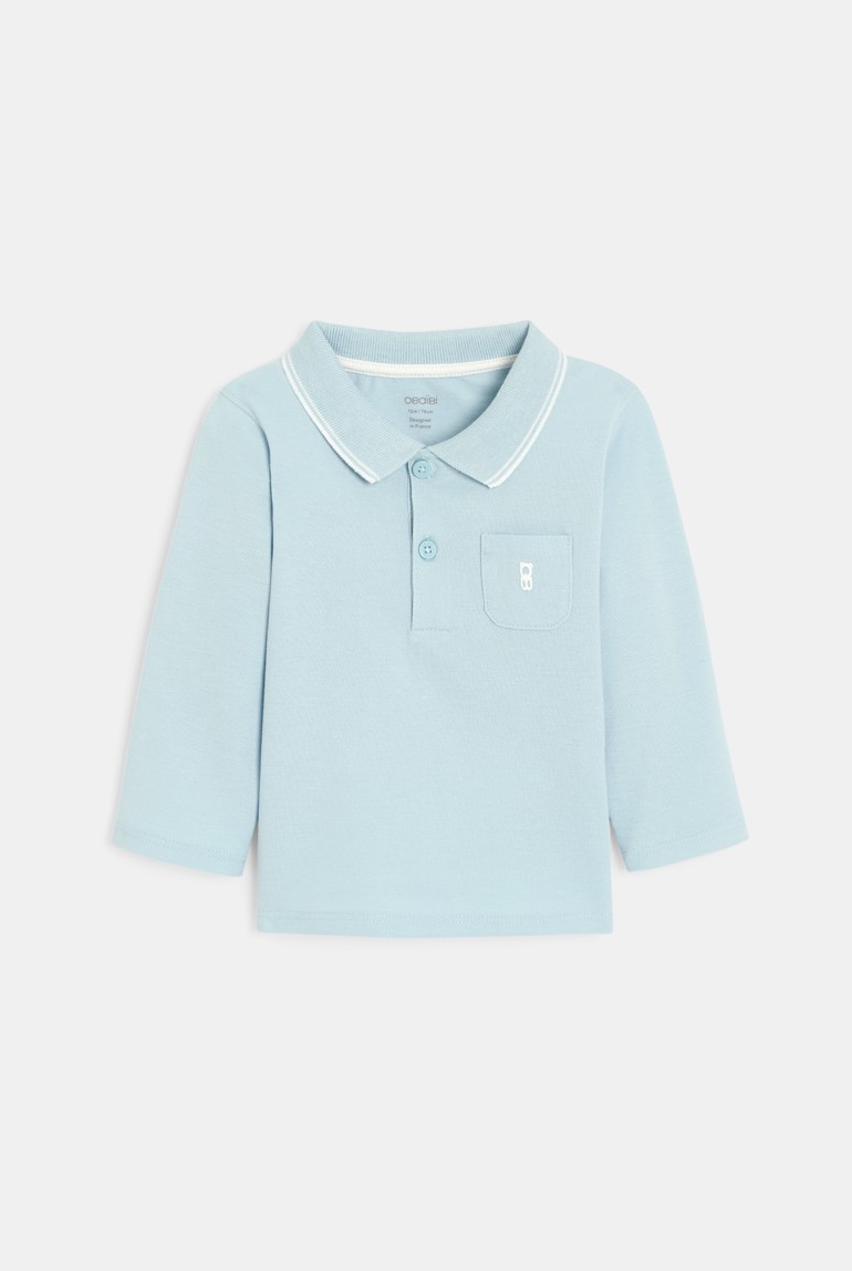 Polo piqué uni manches longues bleu ciel bébé garçon 1