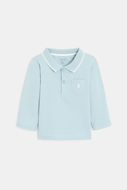 Polo piqué uni manches longues bleu ciel bébé garçon 1