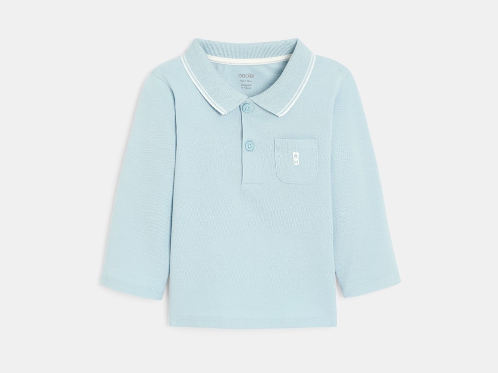 Polo de piqué liso de manga larga azul celeste bebé niño 1