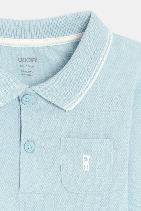 Polo piqué uni manches longues bleu ciel bébé garçon