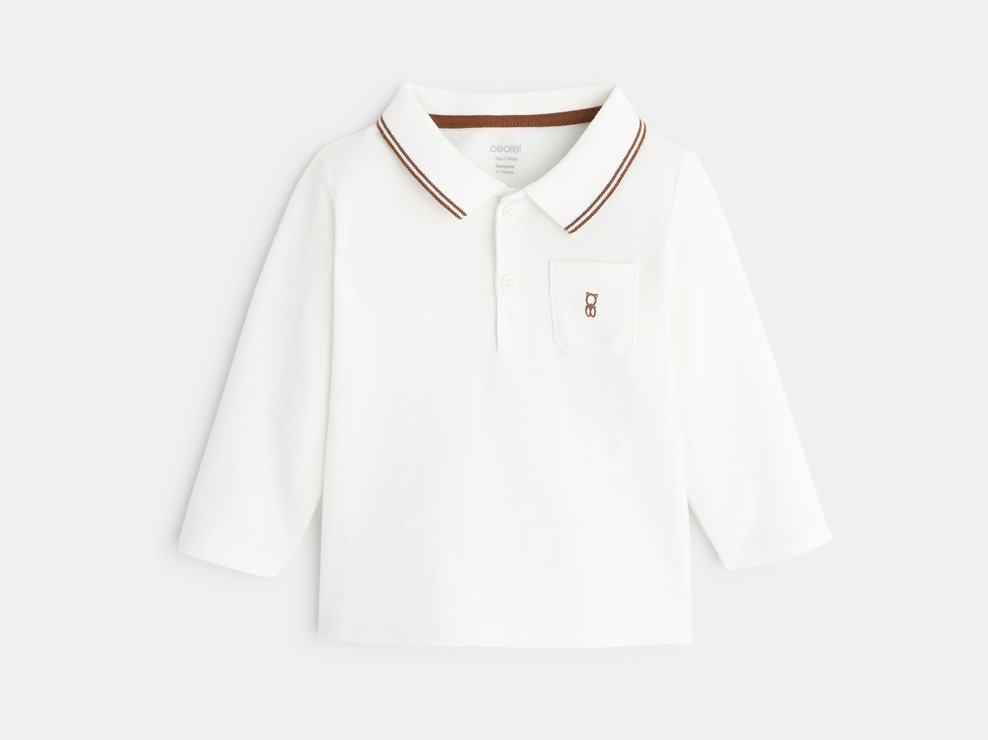 Polo piqué uni manches longues blanc bébé garçon 2