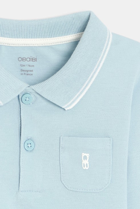 Polo piqué uni manches longues bleu ciel bébé garçon 2