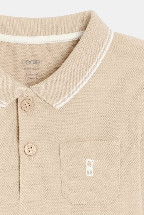 Baby boy's plain beige piqué long-sleeve polo shirt 2