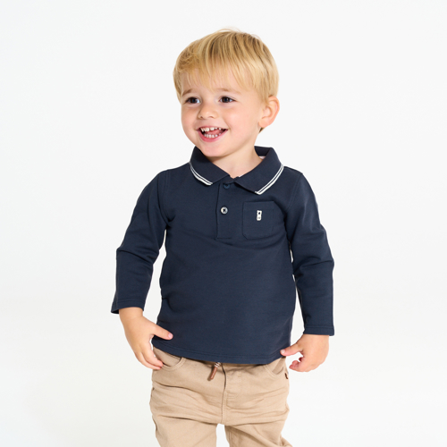 Polo piqué uni manches longues bleu bébé garçon 1