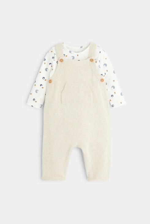 Feinstrick-Latzhose und Igel-Body Beige Geburt 2