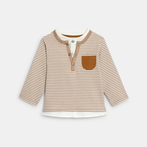 Bruin gestreept T-shirt met henleykraag voor babyjongens 1