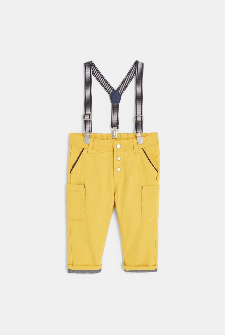 Pantalon coton fantaisie à bretelles jaune bébé garçon 1