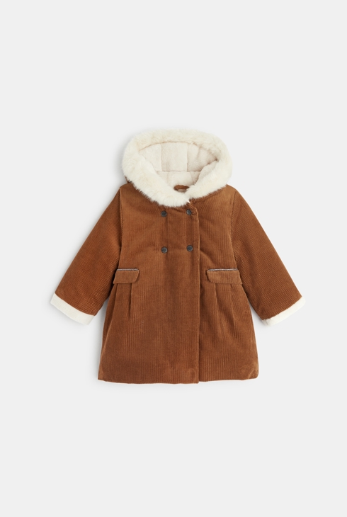 Corduroy coat with fur-lined hood 1