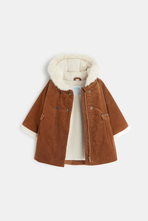 Corduroy coat with fur-lined hood 2