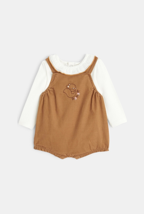 Salopette courte velours brodé et body à col marron naissance 1