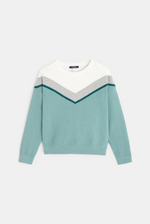 Pulover pleten v žakarskem vzorcu z okroglim vratnim izrezom zelena deklica 1