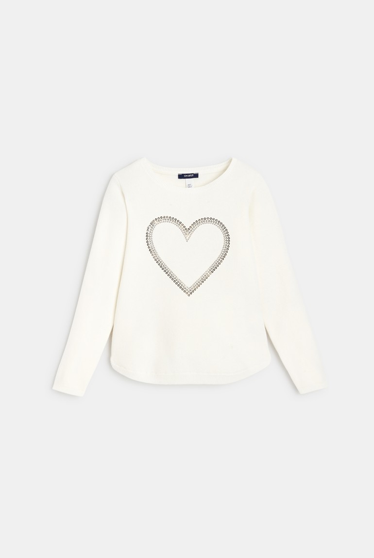 Pull fin à sequins brodés motif cœur blanc fille 1