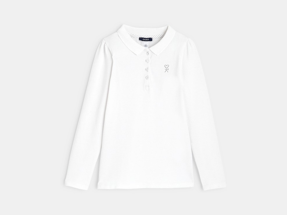Polo a maniche lunghe tinta unita bianco bambina 1