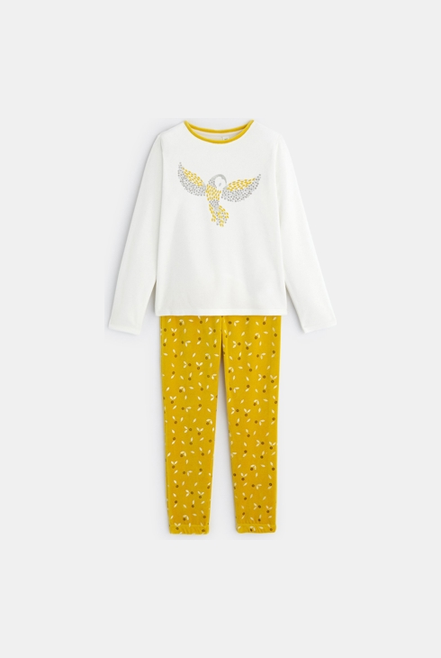 2-teiliger Pyjama aus Samt mit Eulenmotiv Gelb Mädchen 1
