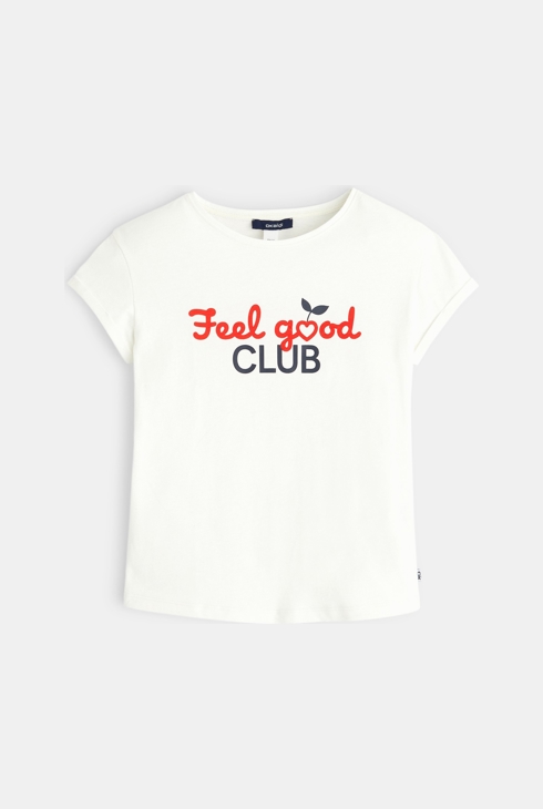 Majica s kratkimi rokavi in sporočilom FEEL GOOD CLUB bela deklica 1