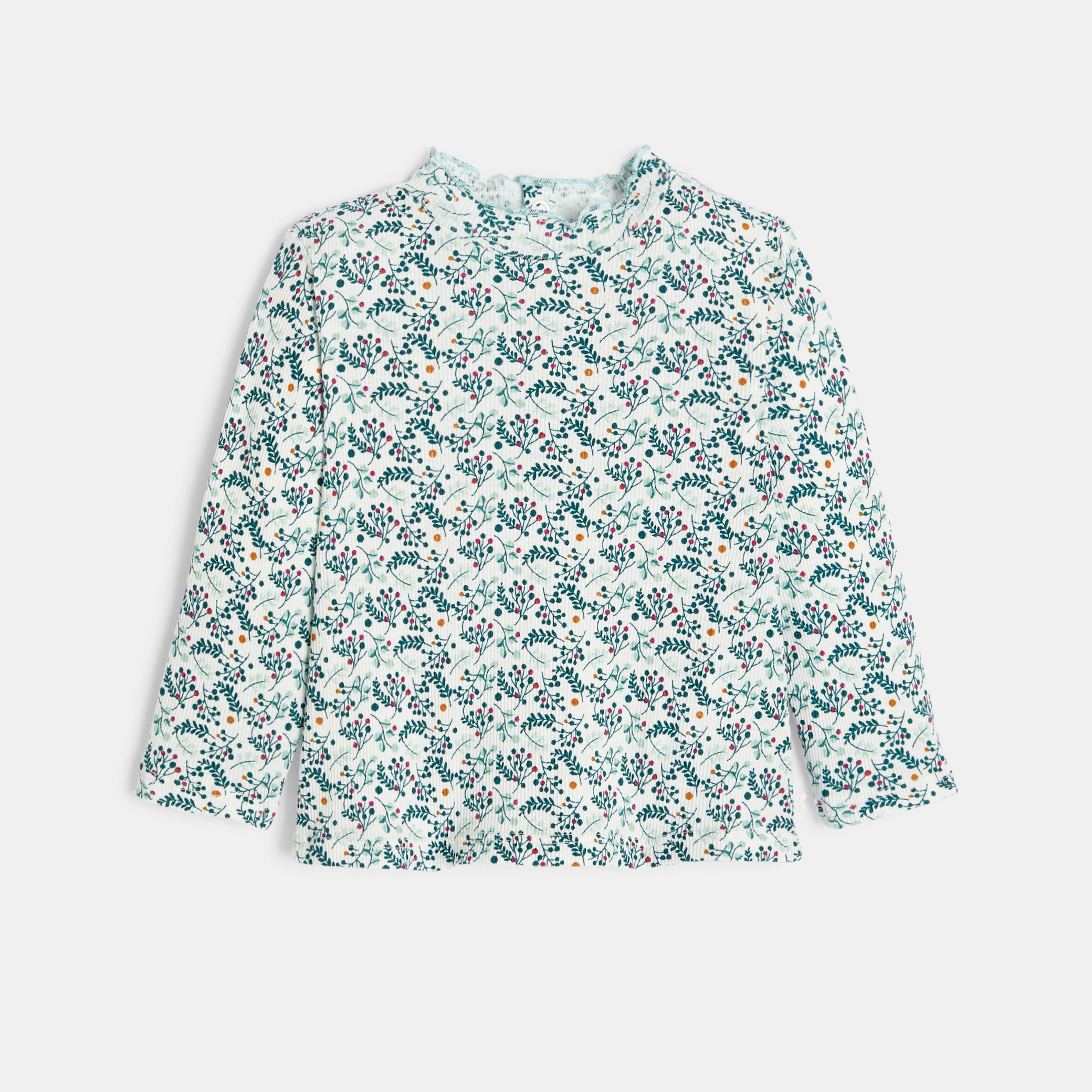 Baby girl's green printed flat rib T-shirt with wavy collar