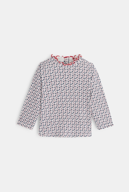 Koszulka z dzianiny prążkowanej z falującym dekoltem niebieski niemowlę dziewczynka 1