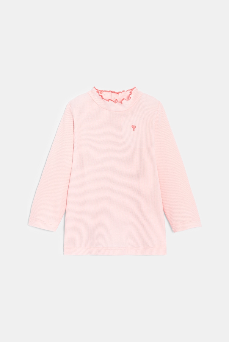 T-shirt côte plate col ondulé rose bébé fille 1