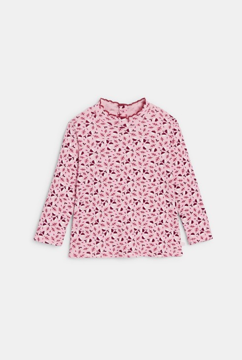 Grünes aby-T-Shirt in flachem Rippstrick in Mauve, gemustert und mit gewelltem Kragen für Mädchen 1