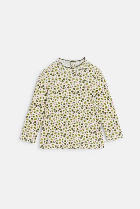 Camiseta canalé plano cuello ondulado estampada verde bebé niña 1