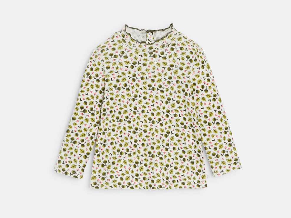 Camiseta canalé plano cuello ondulado estampada verde bebé niña 1