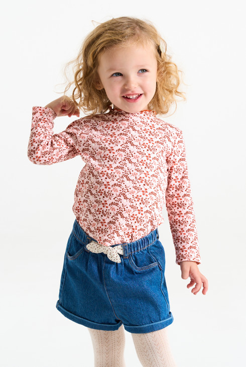 T-shirt a costine piatte con collo smerlato rosa stampata per neonata 1