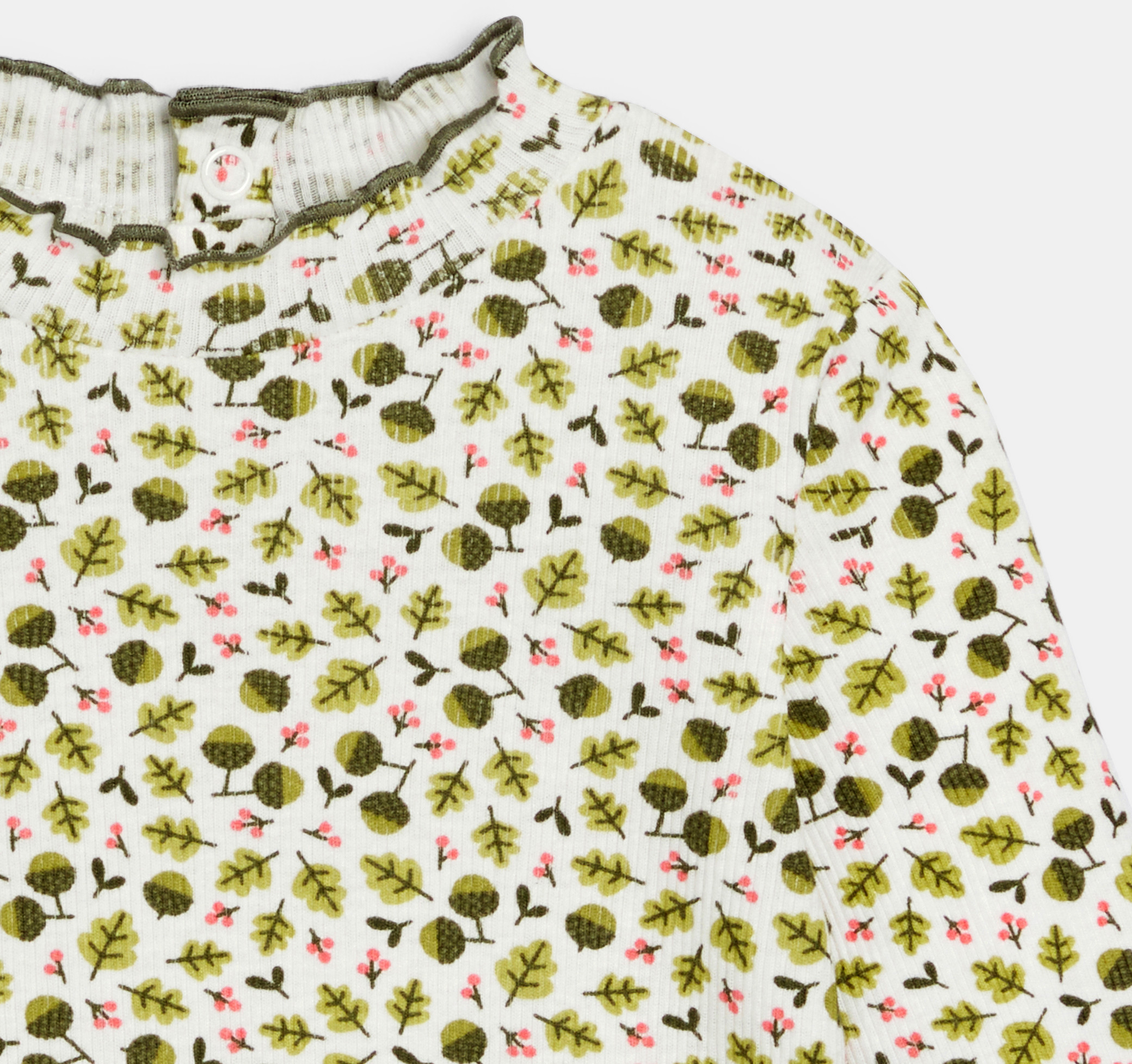 Zelena majica s printom od ravne rebraste tkanine s valovitim ovratnikom za djevojčice 2