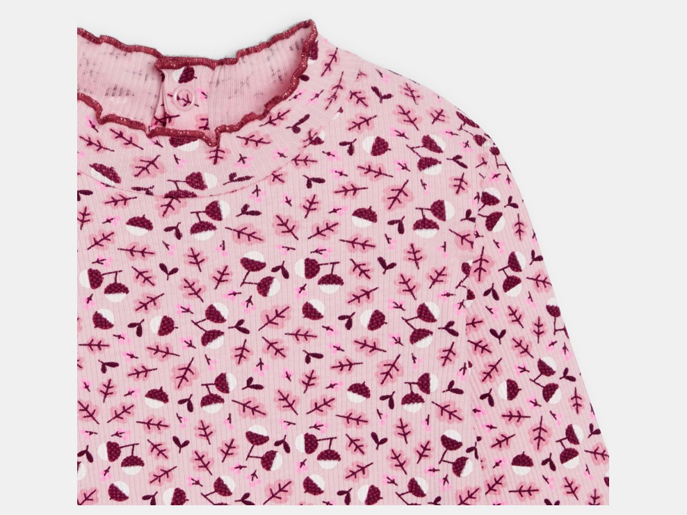 Grünes aby-T-Shirt in flachem Rippstrick in Mauve, gemustert und mit gewelltem Kragen für Mädchen 2