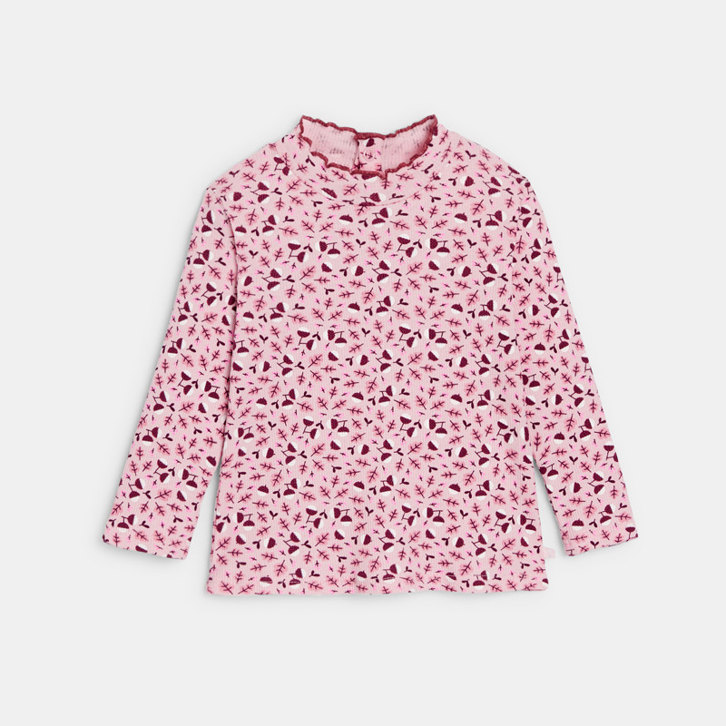 Grünes aby-T-Shirt in flachem Rippstrick in Mauve, gemustert und mit gewelltem Kragen für Mädchen