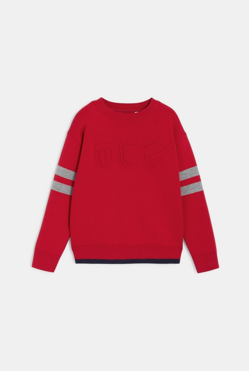 Puli z okroglim ovratnikom in črtastimi rokavi rdeča deček 1